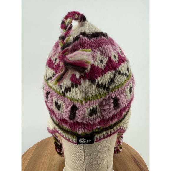 Everest Designs Nepal Handmade Wool Knit Earflap Hat Pink Geometric Pattern - Picture 3 of 5